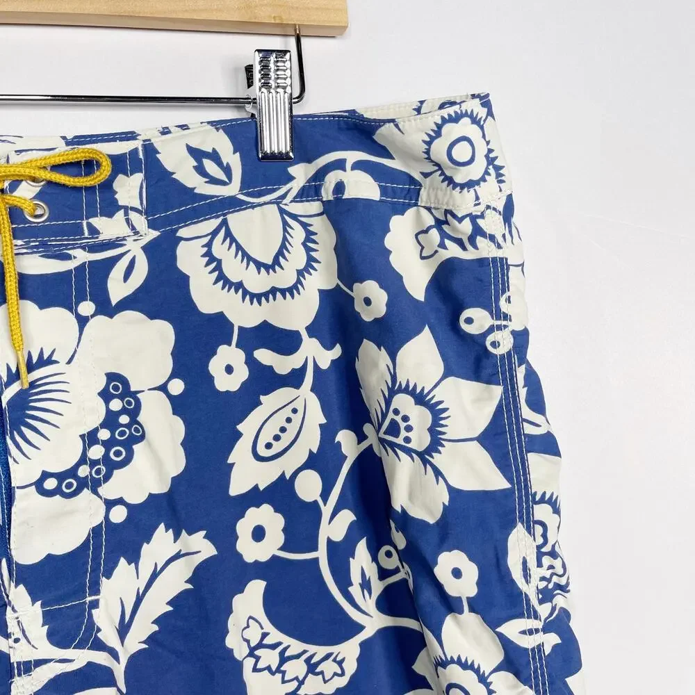 J Crew Mens Size 36 Blue White Floral Printed Swim Trunks Board Shorts Lace Up